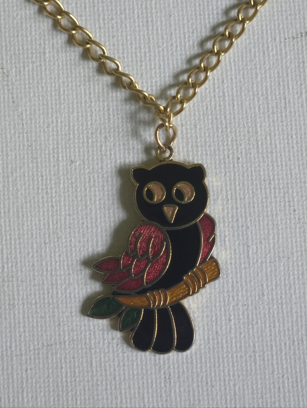 Vintage Cloisonné Owl Pendant Necklace Enamel Gold Tone Curb Chain 70s 80s